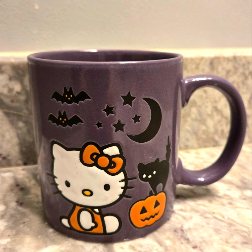 Hello Kitty Purple Halloween Etched Mug Pumpkin Black Cat Bats Moon Stars Sanrio